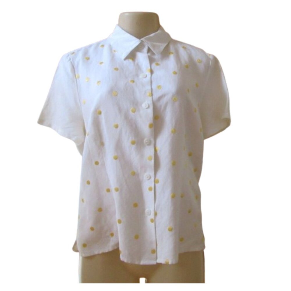 White Short-Sleeve Button-Up Shirt With Gold Polka Dot Print Dina K Size L